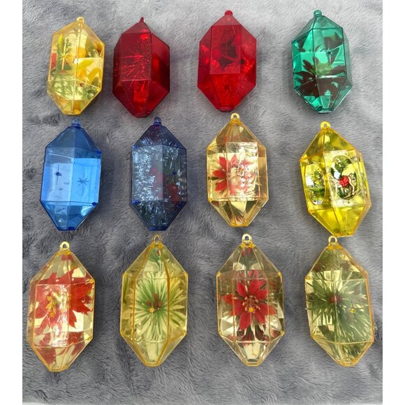 12 Vintage Jewel Brite Plastic Diamond-Shaped Ornaments Embedded Holiday Design - Picture 1 of 12